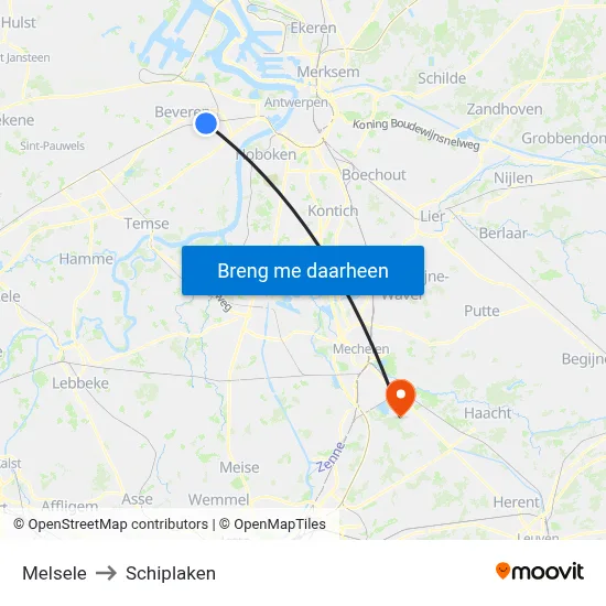 Melsele to Schiplaken map