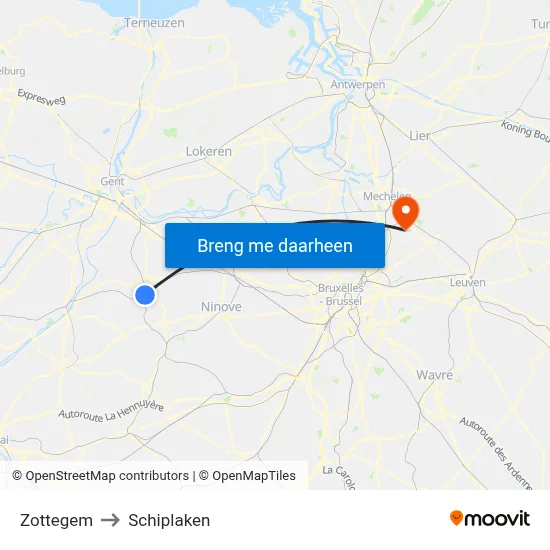 Zottegem to Schiplaken map