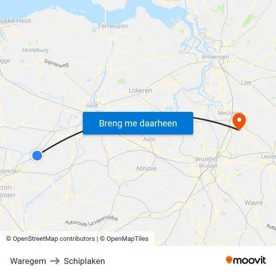 Waregem to Schiplaken map