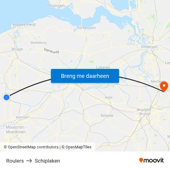 Roulers to Schiplaken map