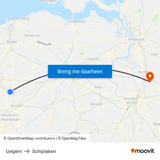 Izegem to Schiplaken map