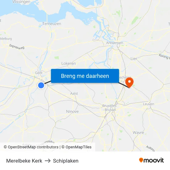 Merelbeke Kerk to Schiplaken map