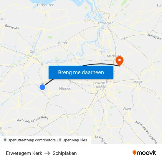 Erwetegem Kerk to Schiplaken map