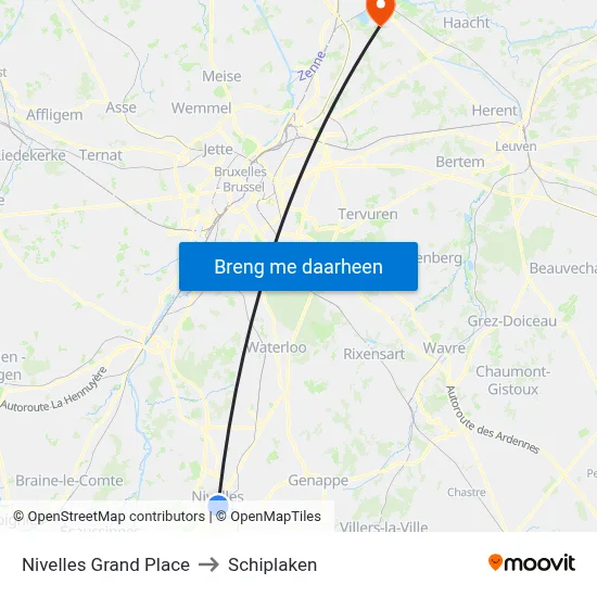 Nivelles Grand Place to Schiplaken map