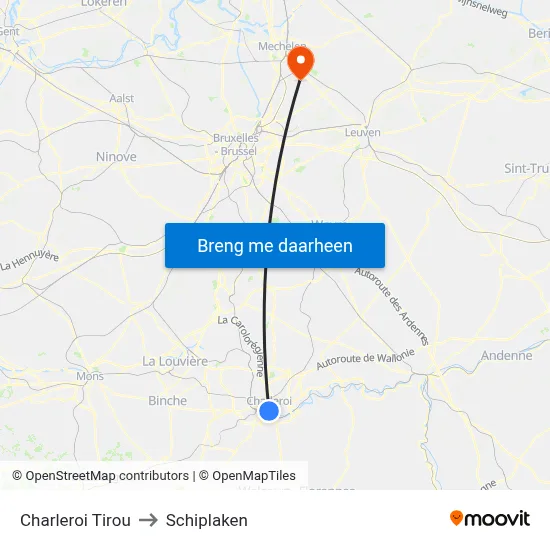Charleroi Tirou to Schiplaken map
