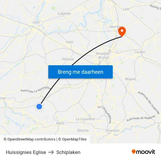 Huissignies Eglise to Schiplaken map