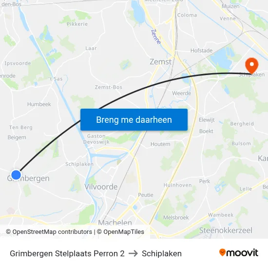 Grimbergen Stelplaats Perron 2 to Schiplaken map