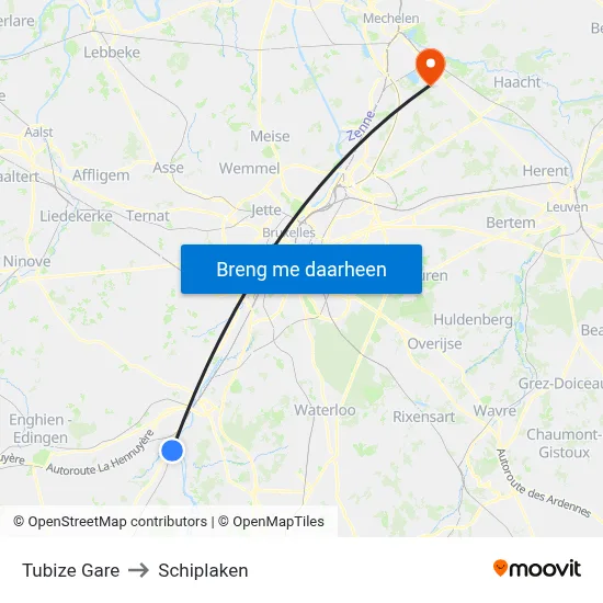 Tubize Gare to Schiplaken map