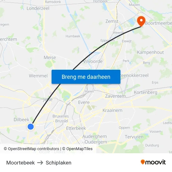 Moortebeek to Schiplaken map