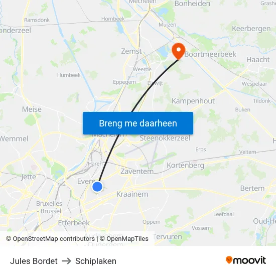 Jules Bordet to Schiplaken map