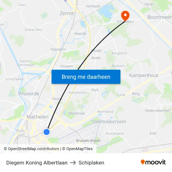 Diegem Koning Albertlaan to Schiplaken map