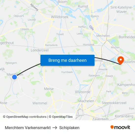 Merchtem Varkensmarkt to Schiplaken map