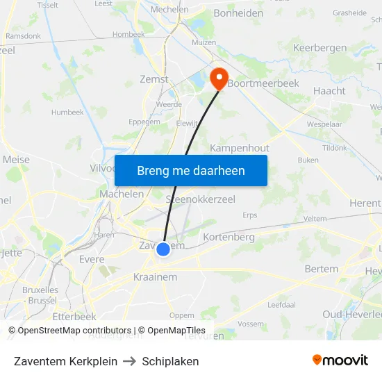 Zaventem Kerkplein to Schiplaken map