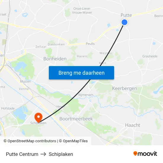 Putte Centrum to Schiplaken map