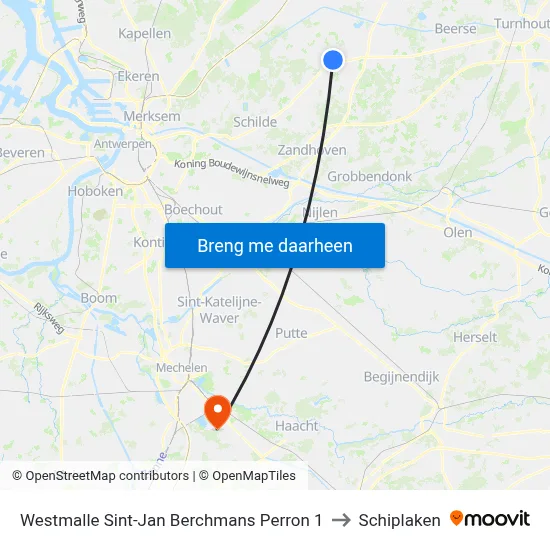 Westmalle Sint-Jan Berchmans Perron 1 to Schiplaken map