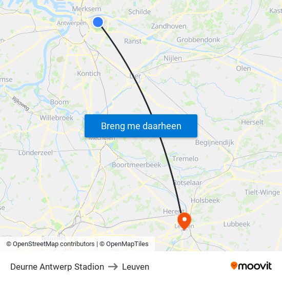 Deurne Antwerp Stadion to Leuven map