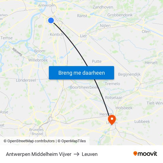 Antwerpen Middelheim Vijver to Leuven map