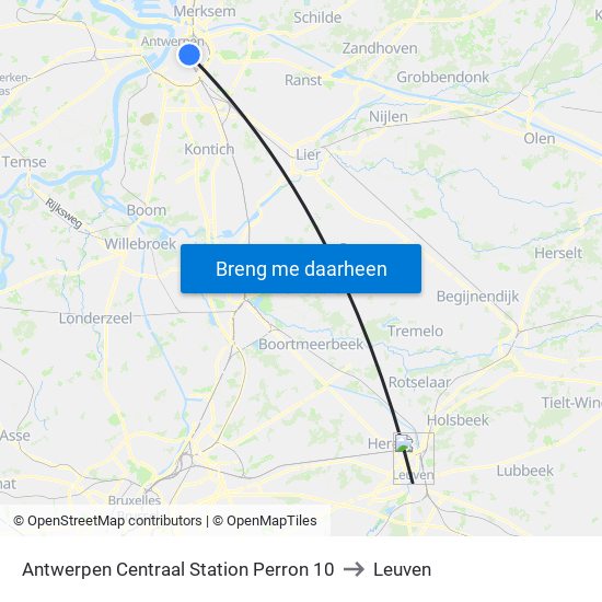 Antwerpen Centraal Station Perron 10 to Leuven map