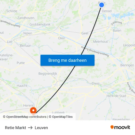 Retie Markt to Leuven map