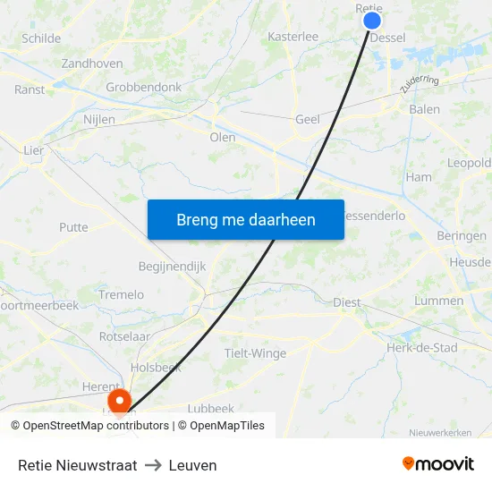 Retie Nieuwstraat to Leuven map