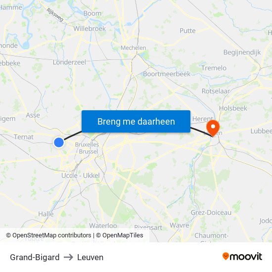 Grand-Bigard to Leuven map