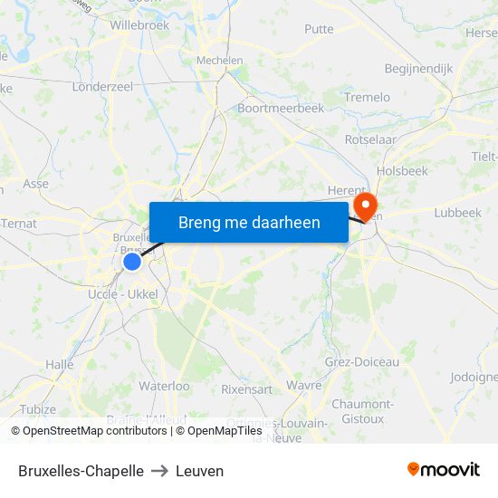 Bruxelles-Chapelle to Leuven map