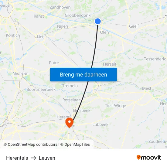 Herentals to Leuven map