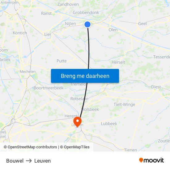 Bouwel to Leuven map