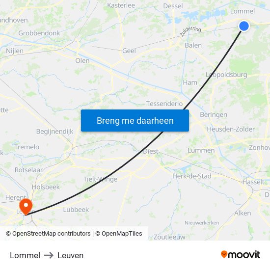 Lommel to Leuven map