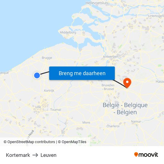 Kortemark to Leuven map