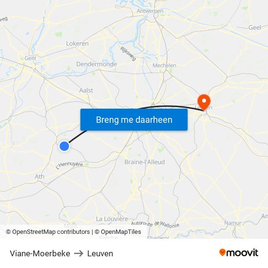 Viane-Moerbeke to Leuven map