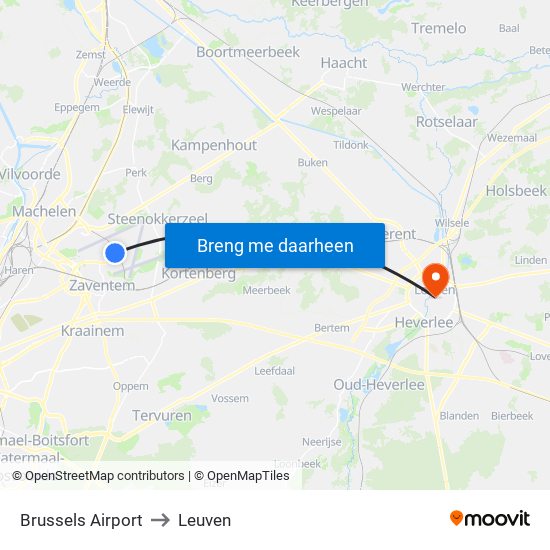 Brussels Airport to Leuven map