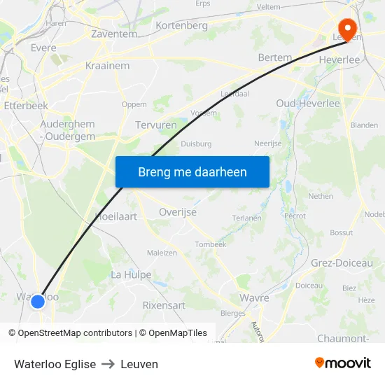 Waterloo Eglise to Leuven map