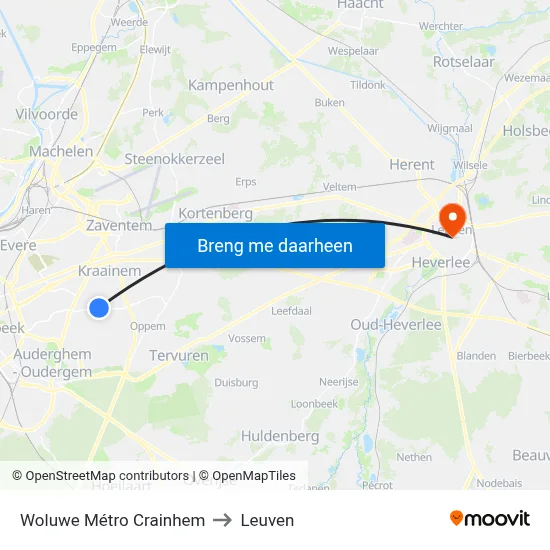 Woluwe Métro Crainhem to Leuven map