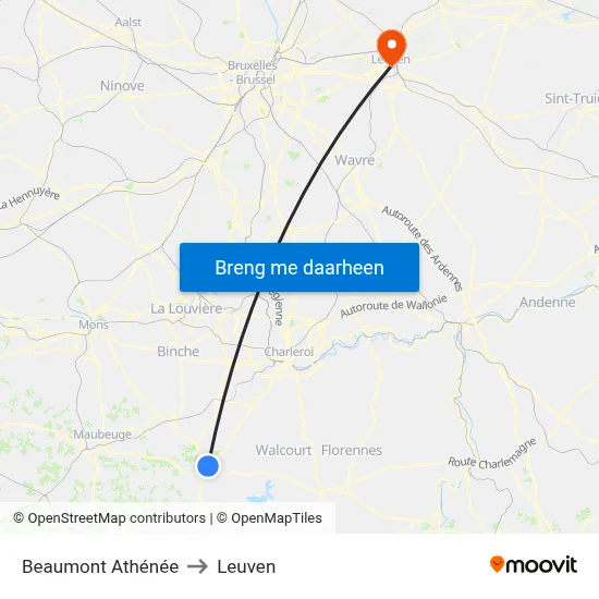 Beaumont Athénée to Leuven map