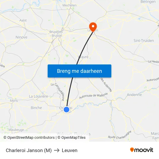 Charleroi Janson (M) to Leuven map