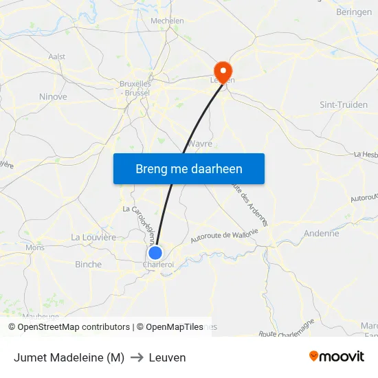 Jumet Madeleine (M) to Leuven map