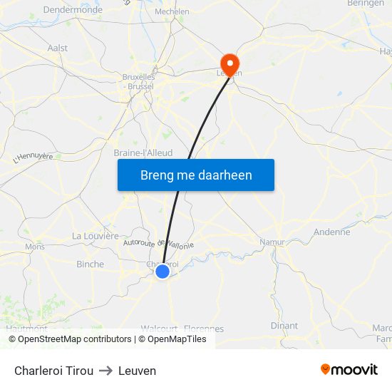 Charleroi Tirou to Leuven map