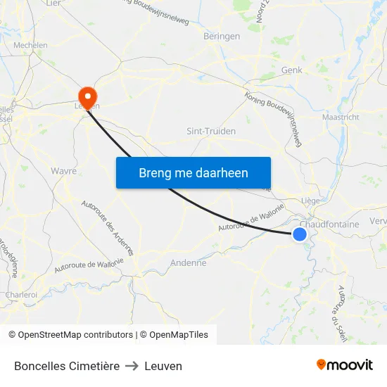 Boncelles Cimetière to Leuven map