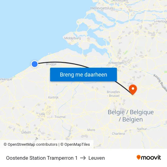 Oostende Station Tramperron 1 to Leuven map