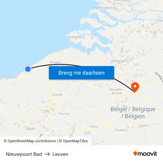 Nieuwpoort Bad to Leuven map