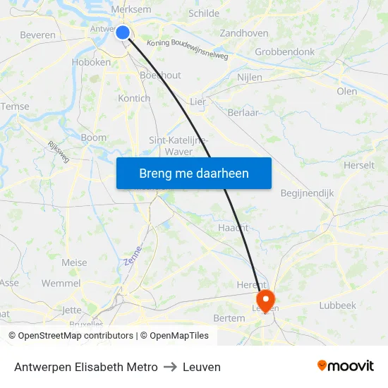 Antwerpen Elisabeth Metro to Leuven map
