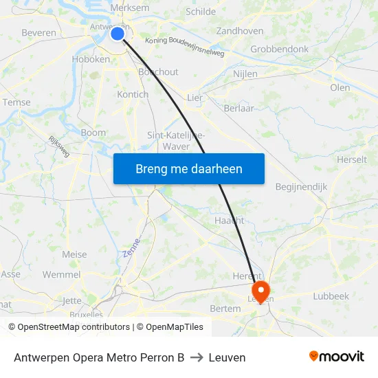 Antwerpen Opera Metro Perron B to Leuven map