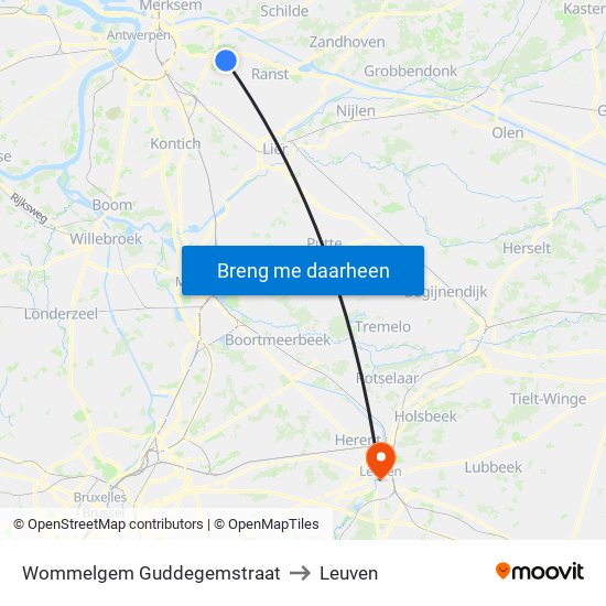 Wommelgem Guddegemstraat to Leuven map