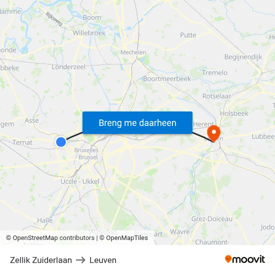 Zellik Zuiderlaan to Leuven map