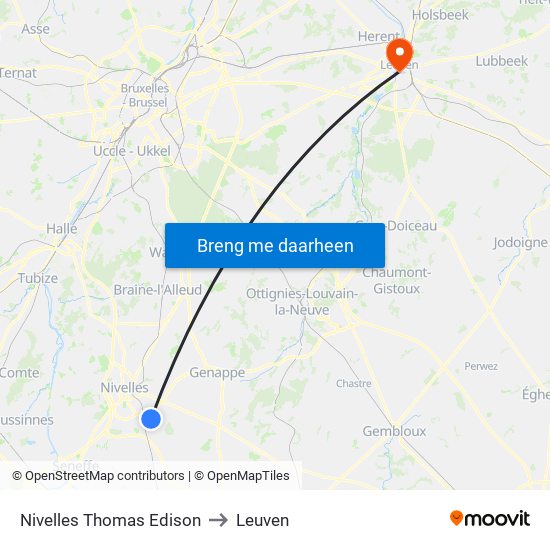 Nivelles Thomas Edison to Leuven map