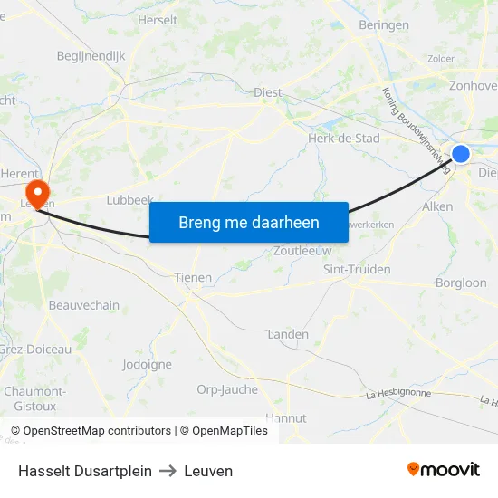 Hasselt Dusartplein to Leuven map