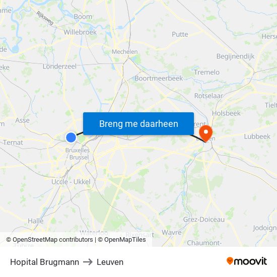 Hopital Brugmann to Leuven map