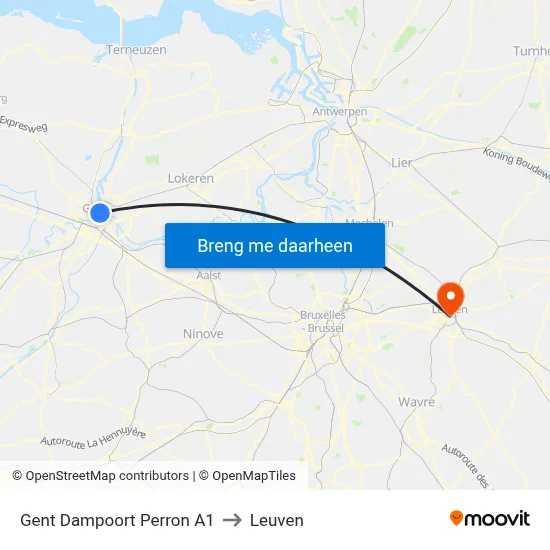 Gent Dampoort Perron A1 to Leuven map