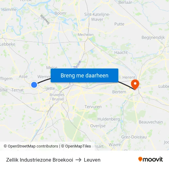 Zellik Industriezone Broekooi to Leuven map